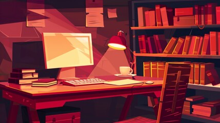 Home or office workplace with desk, computer, books and lamps. Student room interior with table, monitor, keyboard, lamp, paper notes and tea cup, modern illustration.