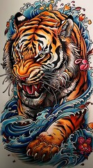 Fancy tiger, beautiful line drawing, brutal Japanese style tattoo design, brutal shirt combined with watermarks, tattoos, bright colors.