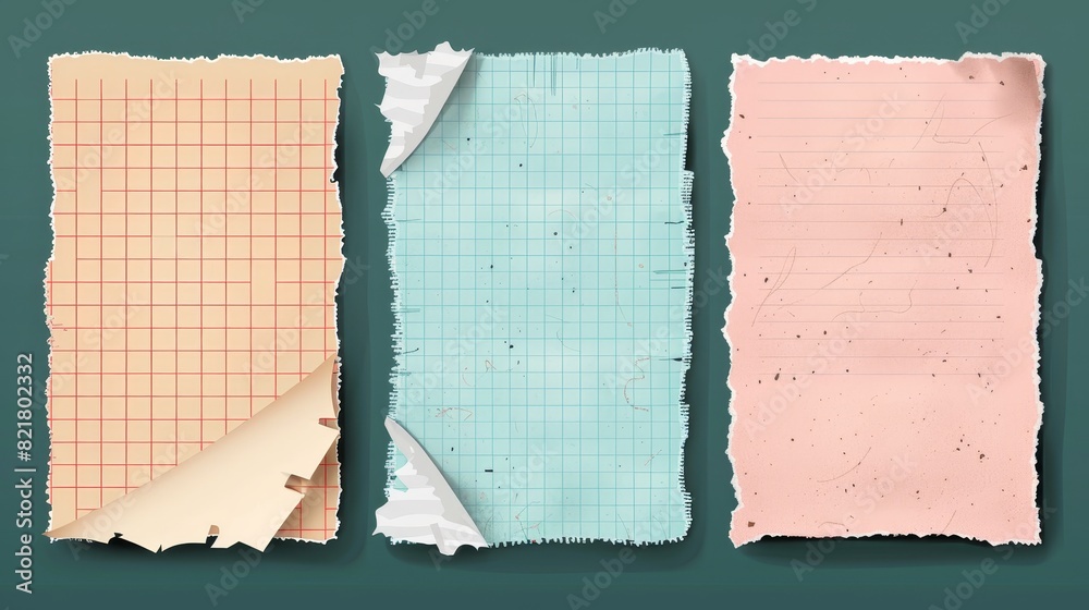 Poster a set of torn pages from a notebook. ripped paper sheets with a grid pattern and stripes. an old cop