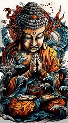 Fancy tiger, Buddha statue, beautiful line drawing Brutal Japanese style tattoo designs, brutal shirts combined with watermarks, tattoos, bright colors.