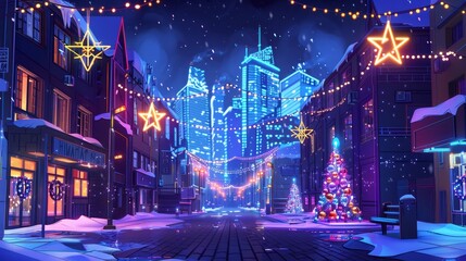 Urban landscape with houses and skyscrapers with glowing windows and bright stars of David, modern cartoon illustration of Hanukkah decoration at night.