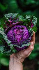 hand holding a vibrant purple cabbage
