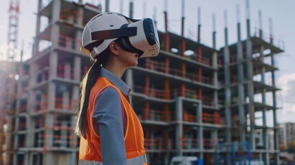 Female construction engineer using virtual reality headset at a building site, showcasing advanced technology in architecture.