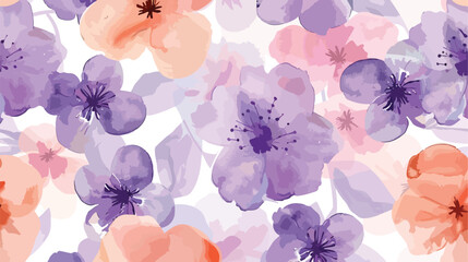 Seamless pattern of peach purple floral watercolor fo