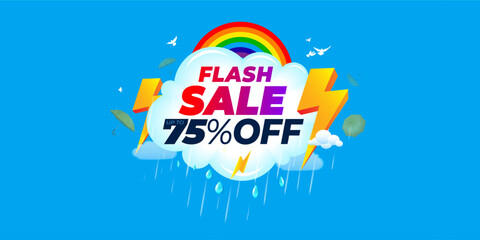 Rainbow, Rain, clouds, thunder, monsoon umbrella and sky background with Flash Sale 75% off deal discount offer Web banner vector illustration.