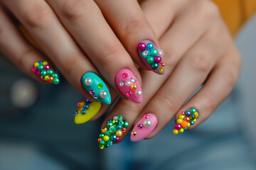 close up manicure with colorful gem and pearl bead nail art, long pointy nails
