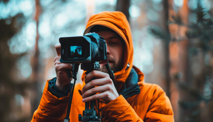 A man in an orange jacket is holding a camera. He is looking through the viewfinder. He is wearing a black beanie. He is in a forest.