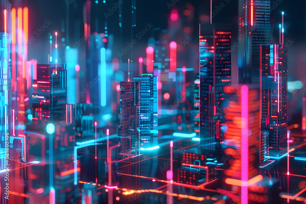 Poster cyber city digital technology and information security big data concept in 3d illustration neural ne