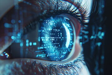 Close up human eye with hologram data.