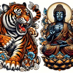 Fancy tiger, Buddha statue, beautiful line drawing Brutal Japanese style tattoo designs, brutal shirts combined with watermarks, tattoos, bright colors.