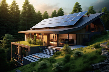 The roof of a modern house with eco-friendly solar panels in harmony with nature, ecology, saving natural resources, alternative energy source