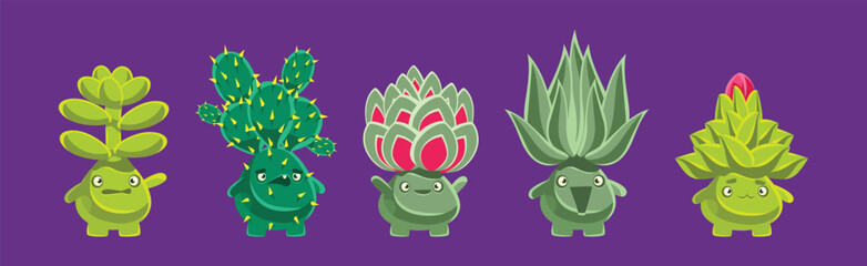 Cute Funny Plant Character with Fantasy Succulent and Cactus Vector Set