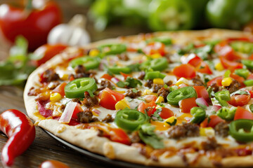 Loaded Supreme Pizza with Peppers, Onions, Tomatoes, Corn, and Ground Beef