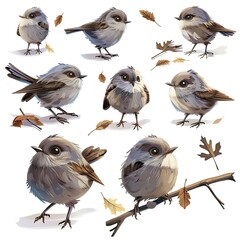 Little Dunnock Bird Cute character multiple posses and expression children's book illustration style