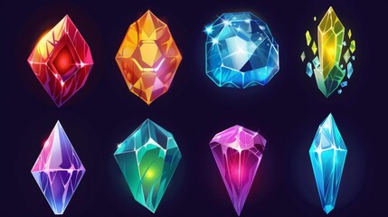 An illustration of a cartoon set of diamond crystals isolated on a dark background. A gem stone with sparkling facets is depicted in this illustration. As part of a 3 match game UI design, this is an