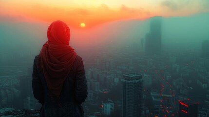 Fototapeta premium woman on the roof of a skyscraper