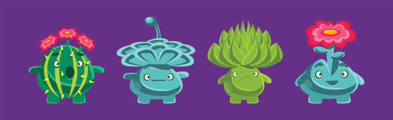 Cute Funny Plant Character with Fantasy Succulent and Cactus Vector Set