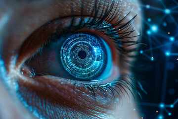 Close up human eye with hologram data.