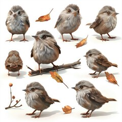 Little Dunnock Bird Cute character multiple posses and expression children's book illustration style