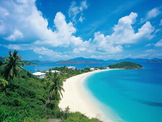 Scenic tropical beach with white sand, clear blue water, lush greenery, and a vibrant sky.