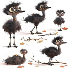Little Emu Bird Cute character multiple posses and expression children's book illustration style