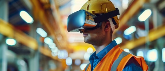 Construction worker using virtual reality headset to visualize project in a factory setting, blending technology with industry.
