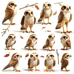 Little Falcon Bird Cute character multiple posses and expression children's book illustration style