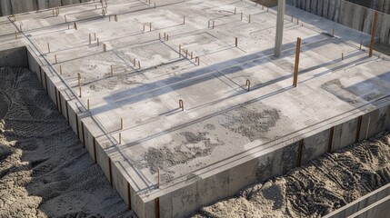 Concrete foundation slab construction site with rebar, forming the base for a future building structure, seen from a top view angle.