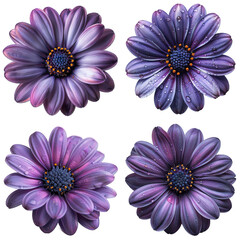 Obraz premium Elegant Purple Daisy Flower Collection in Four Bloom Variations Isolated on Transparent Background generative ai