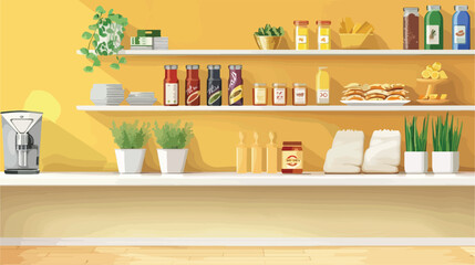 Shelving unit with food on white counters near yellow