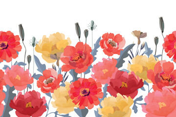 Vector floral seamless horizontal pattern, border. Poppies, peonies, zinnias