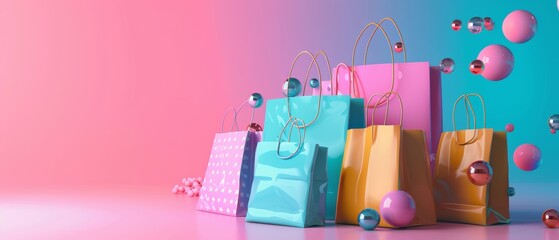 Colorful shopping bags and abstract elements on vibrant background. Perfect for online sales, marketing, and retail promotions.