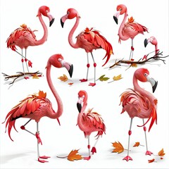 Little Flamingo Bird Cute character multiple posses and expression children's book illustration style