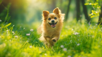 Image of a cute dog frolicking in a lush green grassy field.