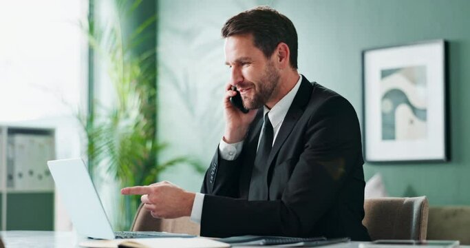 Phone call, hello and businessman with laptop in office for help, advice or planning, deal or negotiation. Pc, search and friendly financial advisor with smartphone communication, support or b2b chat - Powered by Adobe