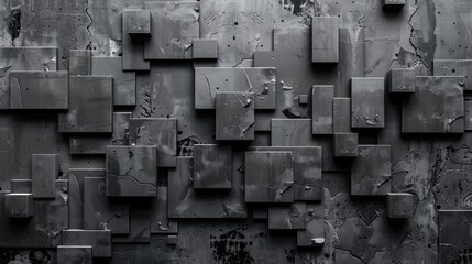3D rendering of a dark, metallic surface with square protrusions of varying sizes.