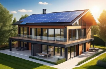 The roof of a modern house with eco-friendly solar panels in harmony with nature, ecology, saving natural resources, alternative energy source