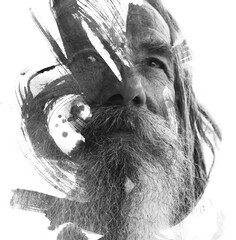 An artistic black-and-white paintography portrait of an old bearded man
