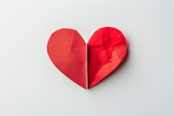 Red origami paper heart on clean white background flat lay