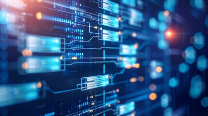 Close-up of digital data flow on a blue futuristic interface representing big data and cybersecurity technology in the modern world.