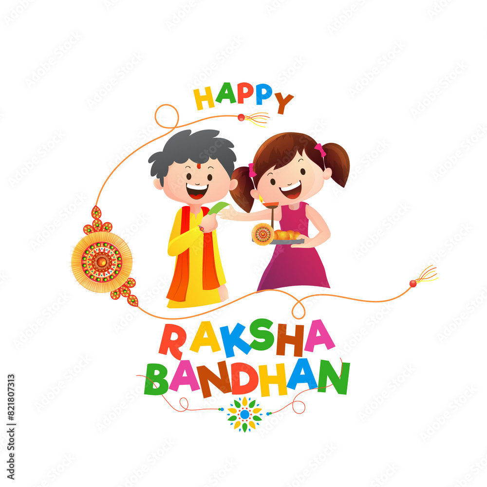 Wall mural Cheerful Brother and Sister Celebrating Raksha Bandhan with Worship Plate on Png Background, Can Be Used as Greeting Card.