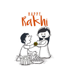 Happy Raksha Bandhan Greeting Card with Sister Tying Rakhi on Her Brother Wrist, Gift Boxes and Laddu Plate on Png Background.