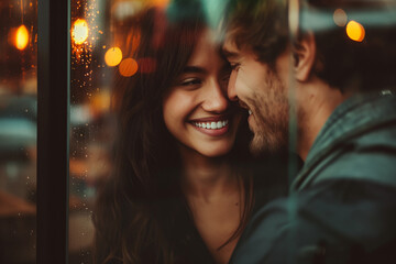 Couple in love smiles and enjoys a romantic moment behind glass