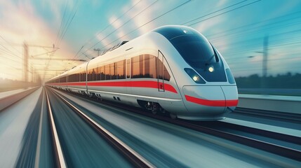 Fototapeta premium Modern High-Speed Train Traveling Against Blue Sky with Clouds