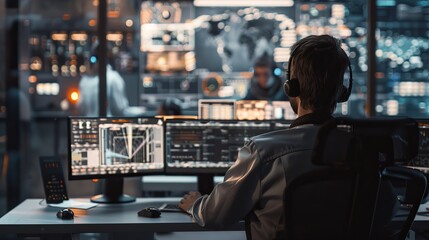 In the background are his colleagues working in the system control center as he sits at his desk with multiple displays in front of him.