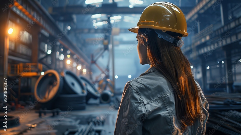 Canvas Prints Industrial Worker in Hard Hat Walking Through Heavy Industry Manufacturing Factory. Metalwork Project Parts laying in the background.