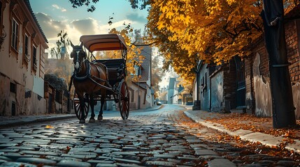 An elegant horse carriage on a cobblestone street during a vibrant autumn afternoon. 8k, realistic, full ultra HD, high resolution and cinematic photography
