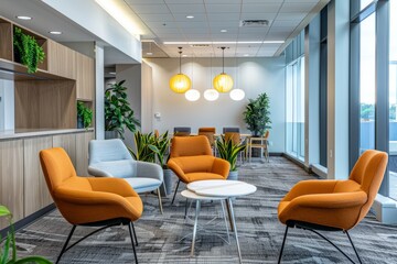 Fototapeta premium Professional Photography of a designated coffee break area in the office, designed with comfortable seating, ambient lighting, and relaxing, Generatie AI