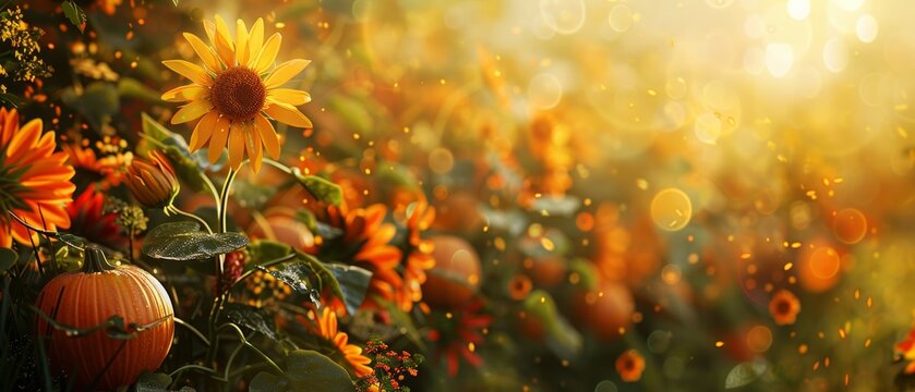 Beautiful autumn scene with sunflowers and pumpkins bathed in warm sunlight, creating a golden glow and adding a touch of fall magic to the landscape.