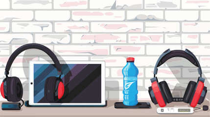 Sports equipment with headphones tablet computer and